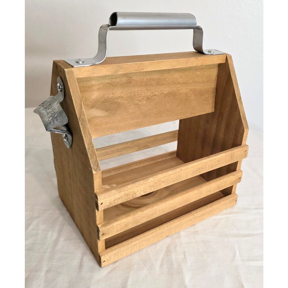 Wooden Bottle Tote w/Metal Handle & Bottle Opener "6 pack" 8.5"x8.5"x 6